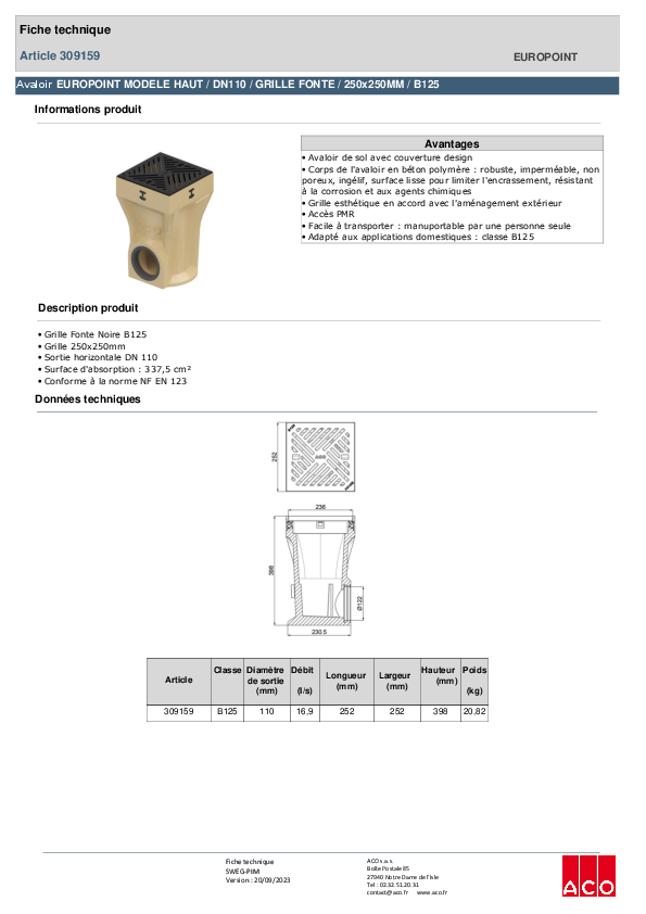 309159_ACO_EUROPOINT_MODELE_HAUT_-__DN110_-_HAUTEUR_400MM-GRILLE_FONTE_-_250x250_-_B125.pdf